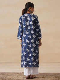 House of Chikankari Women Navy Blue Mulmul Chikankari Embroidered Kurta