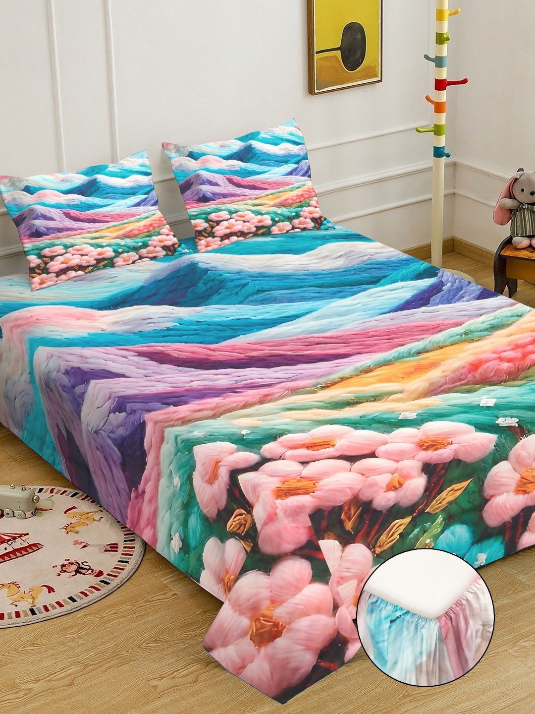 Myntra Elegant Homes Blue Abstract 300 TC Double Bedsheet & 2 Pillow Covers 98''X 88''