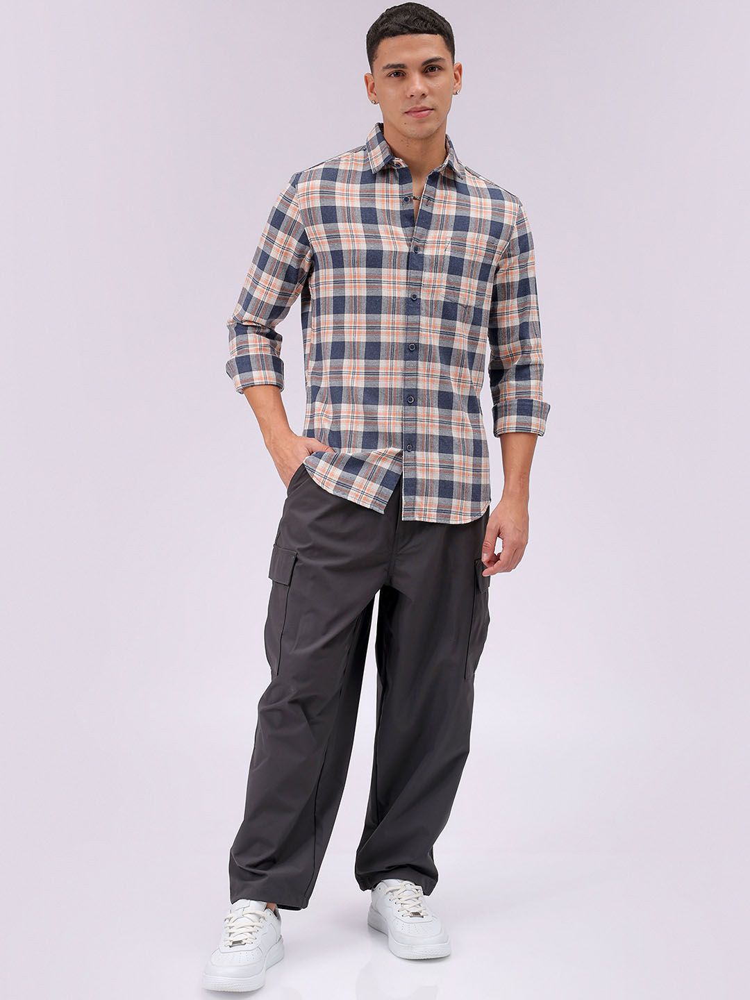 The Indian Garage Co Men Cutaway Collar Checked Cotton Slim Fit Casual Shirt