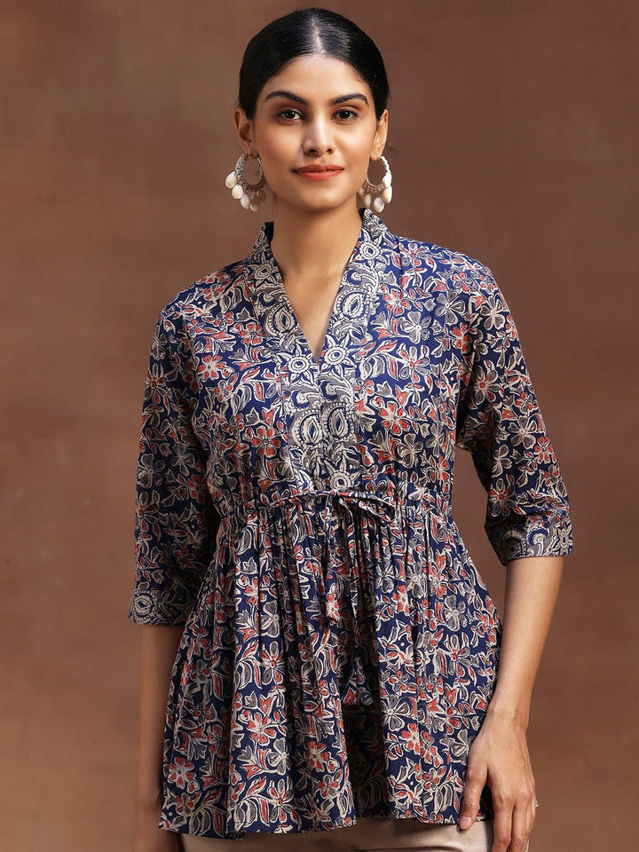 Libas Floral Printed V-Neck Pure Cotton Pleated Kurti