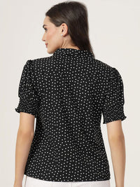 Gaya Polka Dot Polka Dot Tie-Up Leher Lengan Puff Top