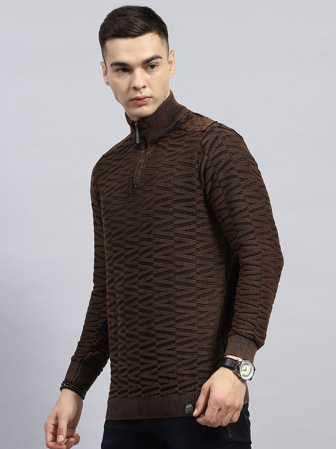 Monte Carlo Men Self Design High Neck Cotton Pullover Sweater
