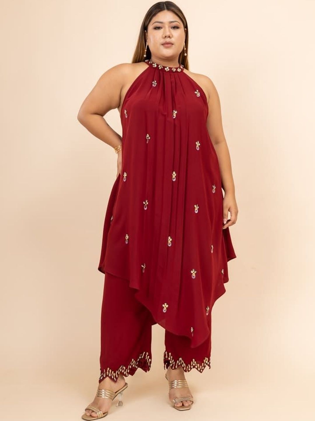 Mamicha Embroidered Halter Neck Top & Trousers Co-Ords