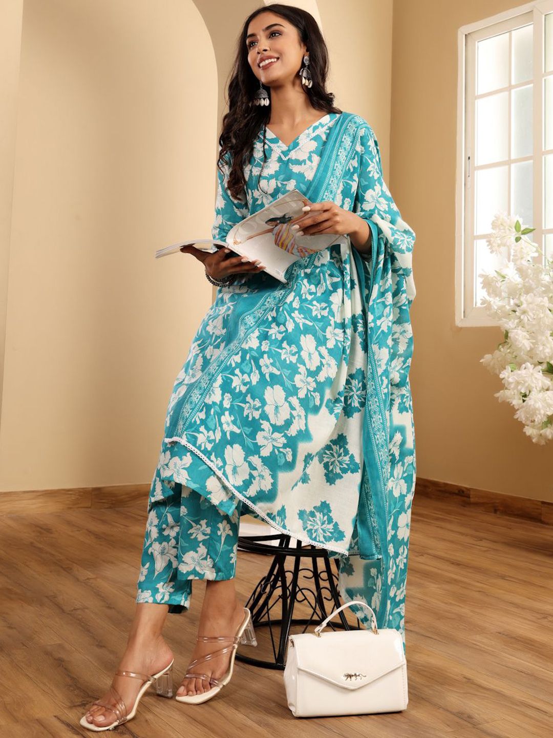 Varanga Floral Printed V-Neck Straight Kurta With Trousers And Dupatta