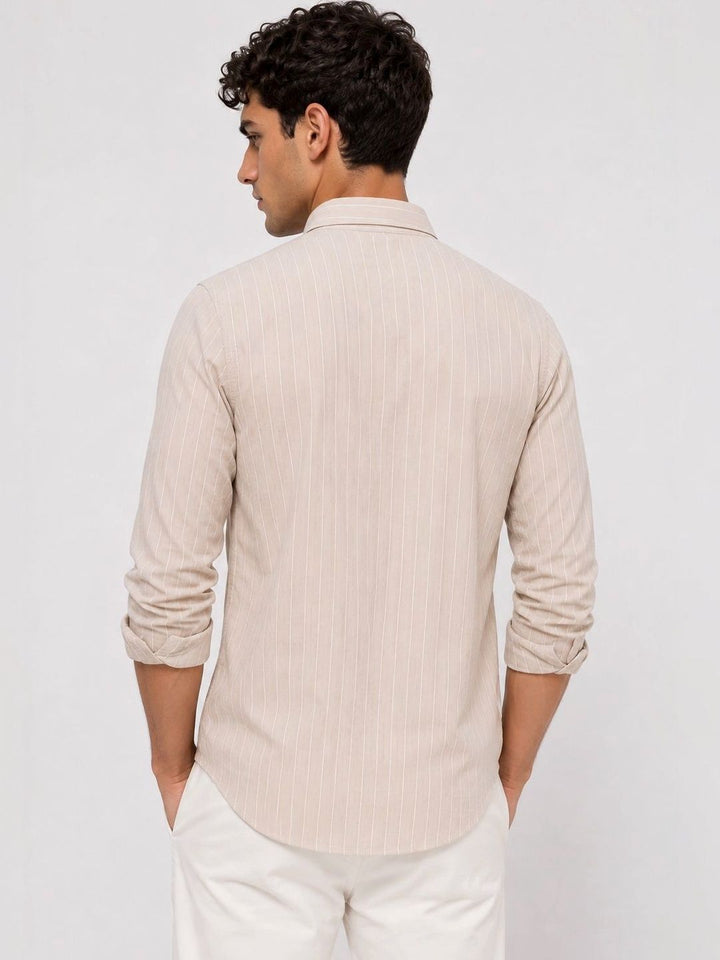 ADRO Men Beige Striped Regular Fit Casual Cotton Shirt