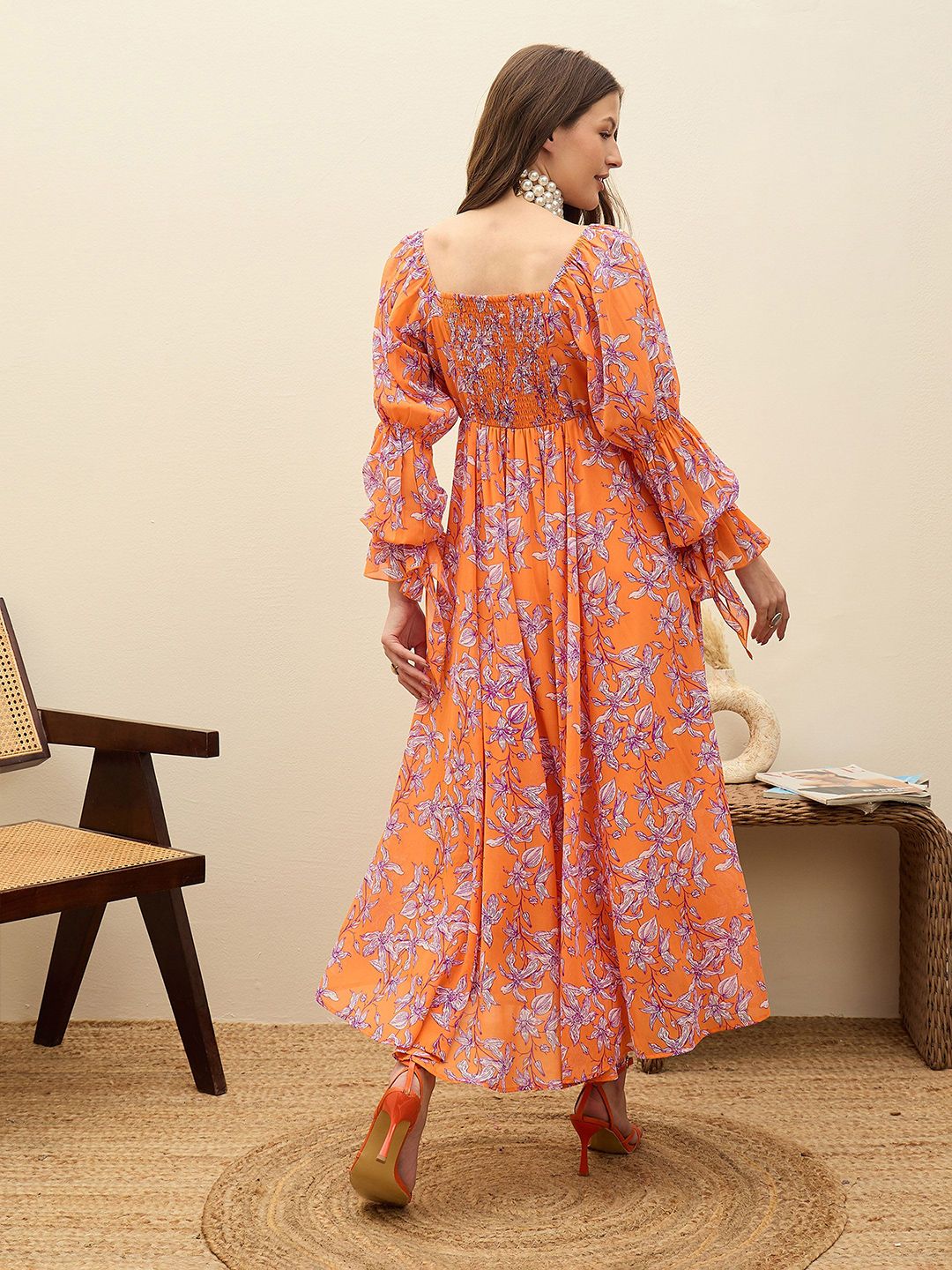 SASSAFRAS Floral Print Flutter Sleeve Georgette Fit & Flare Maxi Dress