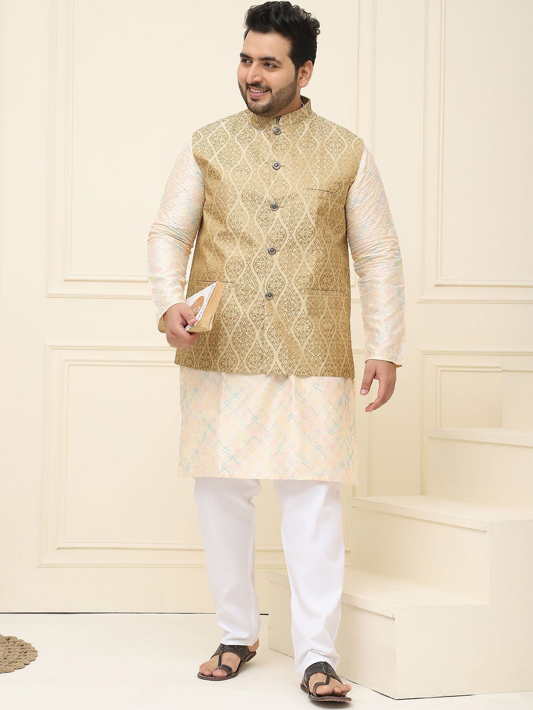SOJANYA PLUS Lelaki Plus Size Printed Mandarin Collar Nehru Jaket