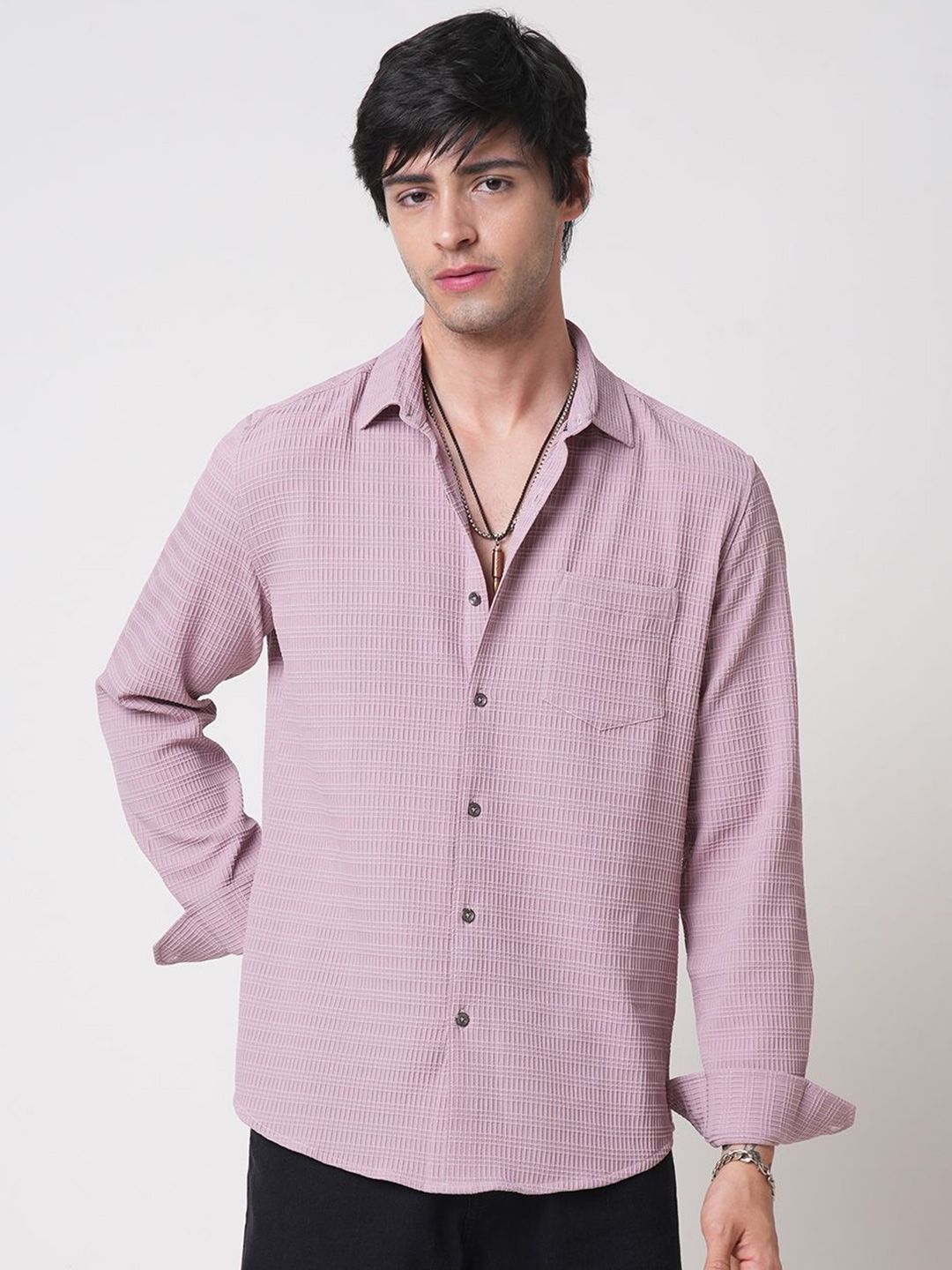 VASTRADO Men Classic Spread Collar Textured Slim Fit Casual Shirt