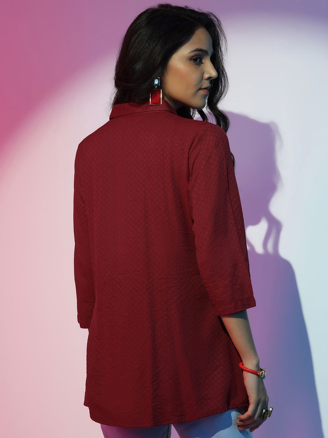 Libas Women Self Design Shirt Collar Front Open Tunic