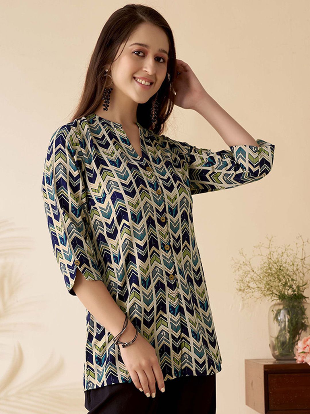 Anouk Blue Chevron Printed Mandarin Collar Pure Cotton A-Line Short Kurti