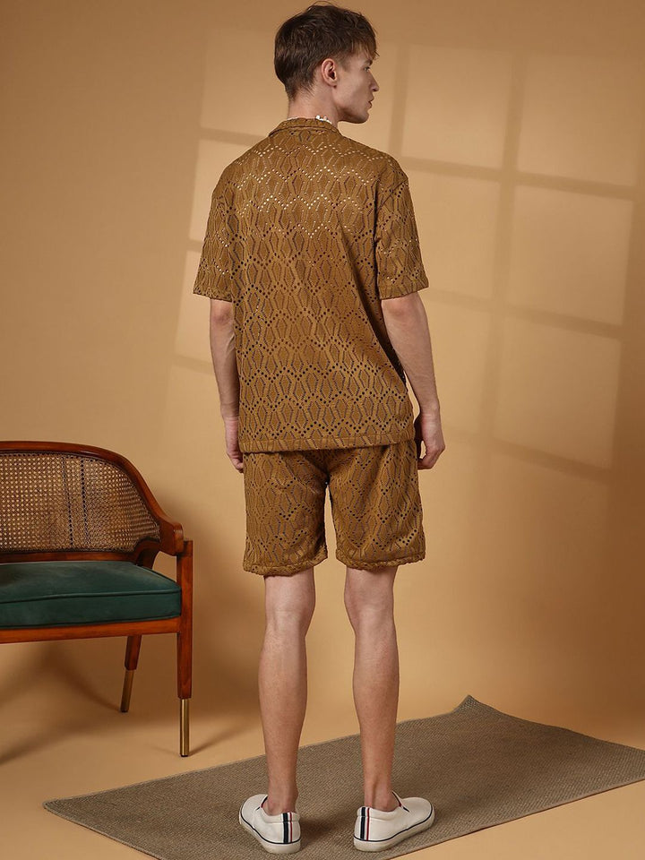 Campus Sutra Brown Self Design Shirt With Shorts