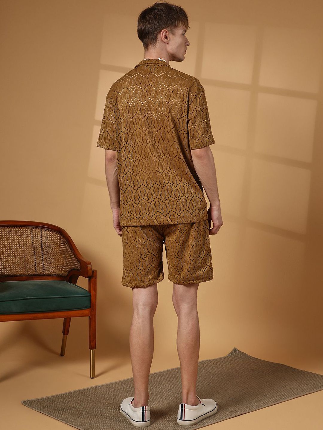 Campus Sutra Brown Self Design Shirt With Shorts