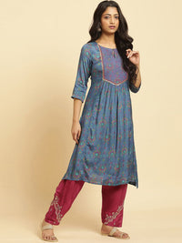 W Floral Printed Striped Keyhole Neck Straight Kurta
