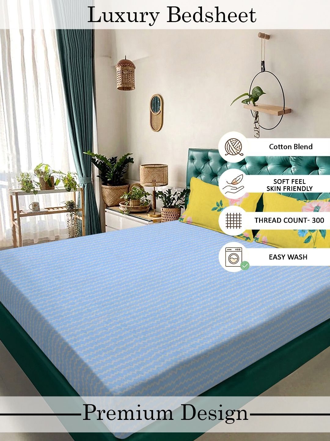 Myntra Elegant Homes Blue 300 TC King Bedsheet with 2 Pillow Covers