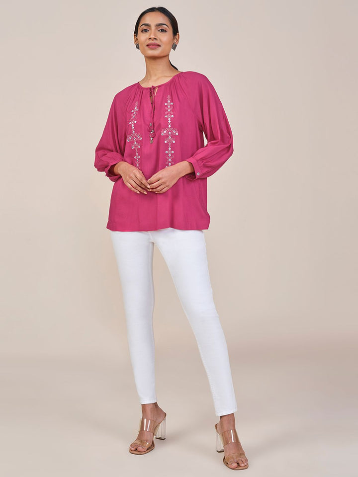 Global Desi Women Embellished Tie-Up Neck Regular Top