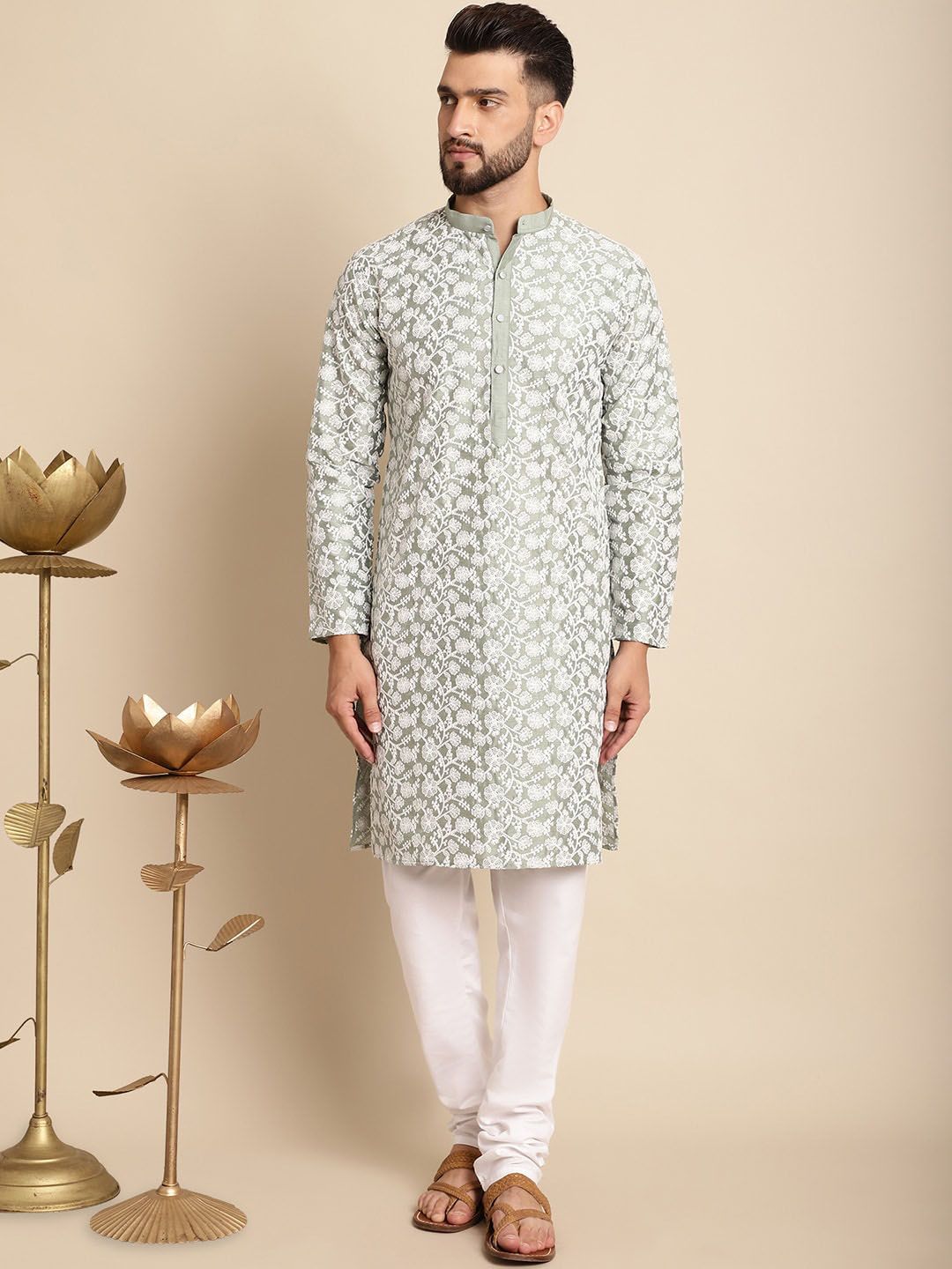 Anouk Floral Embroidered Band Collar Regular Kurta with Churidar