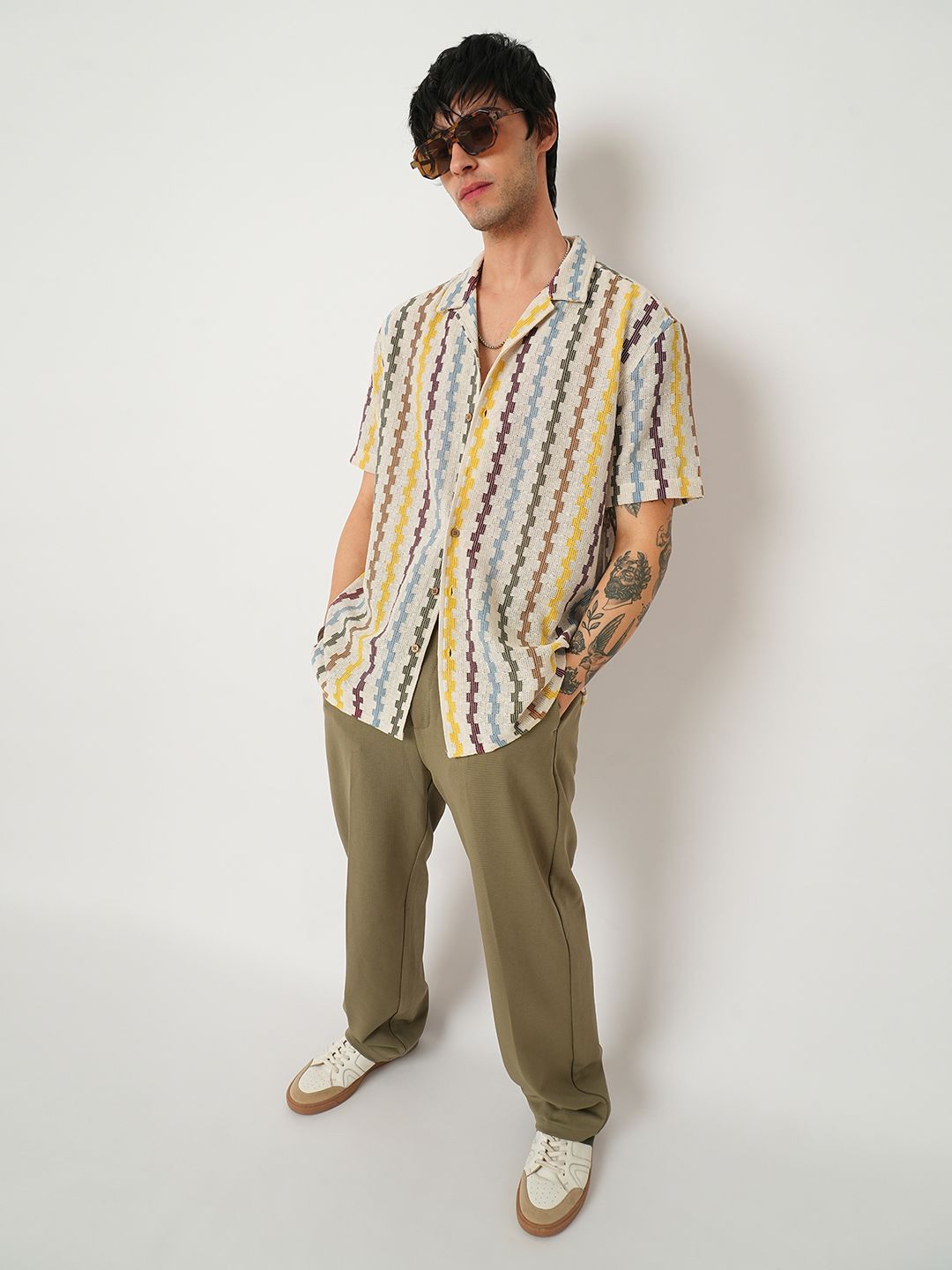 VASTRADO Men Classic Cuban Collar Vertical Striped Cotton Oversized Casual Shirt