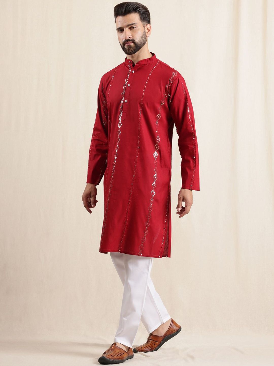 Kurta Kapas Sulam Padat Lelaki Anouk dengan Piyama & Jaket Nehru