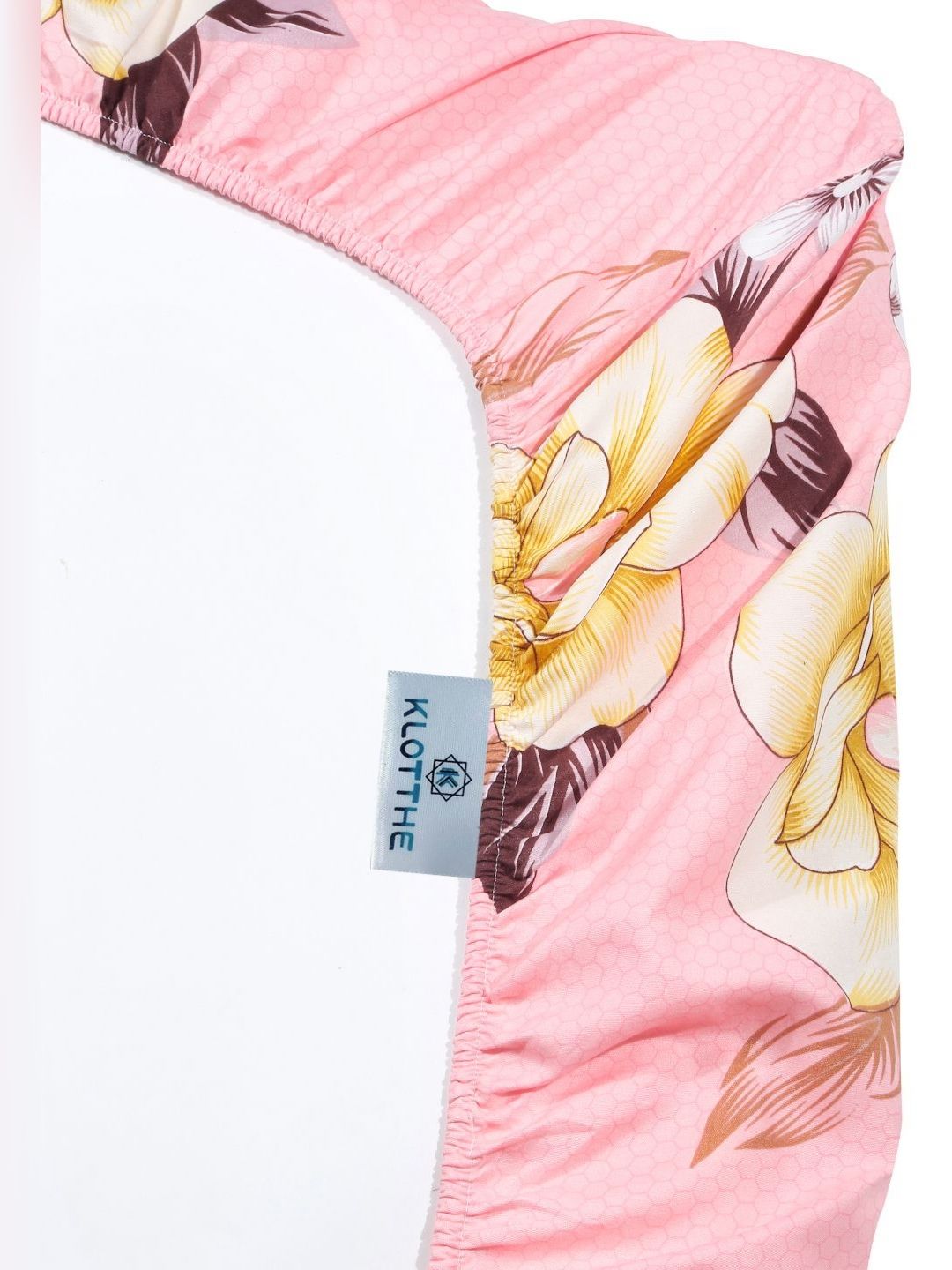 KLOTTHE Pink Floral Cotton 300 TC Fitted Single Fine Bedsheet with a Pillow Cover-225 x 150 cm