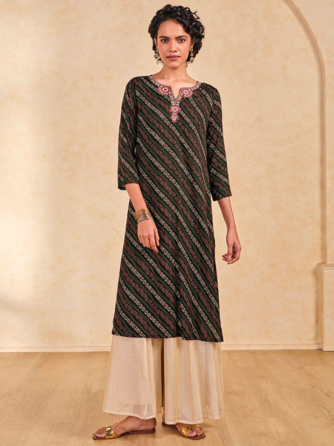 Global Desi Bandhani Printed Mirror Work Straight Kurta
