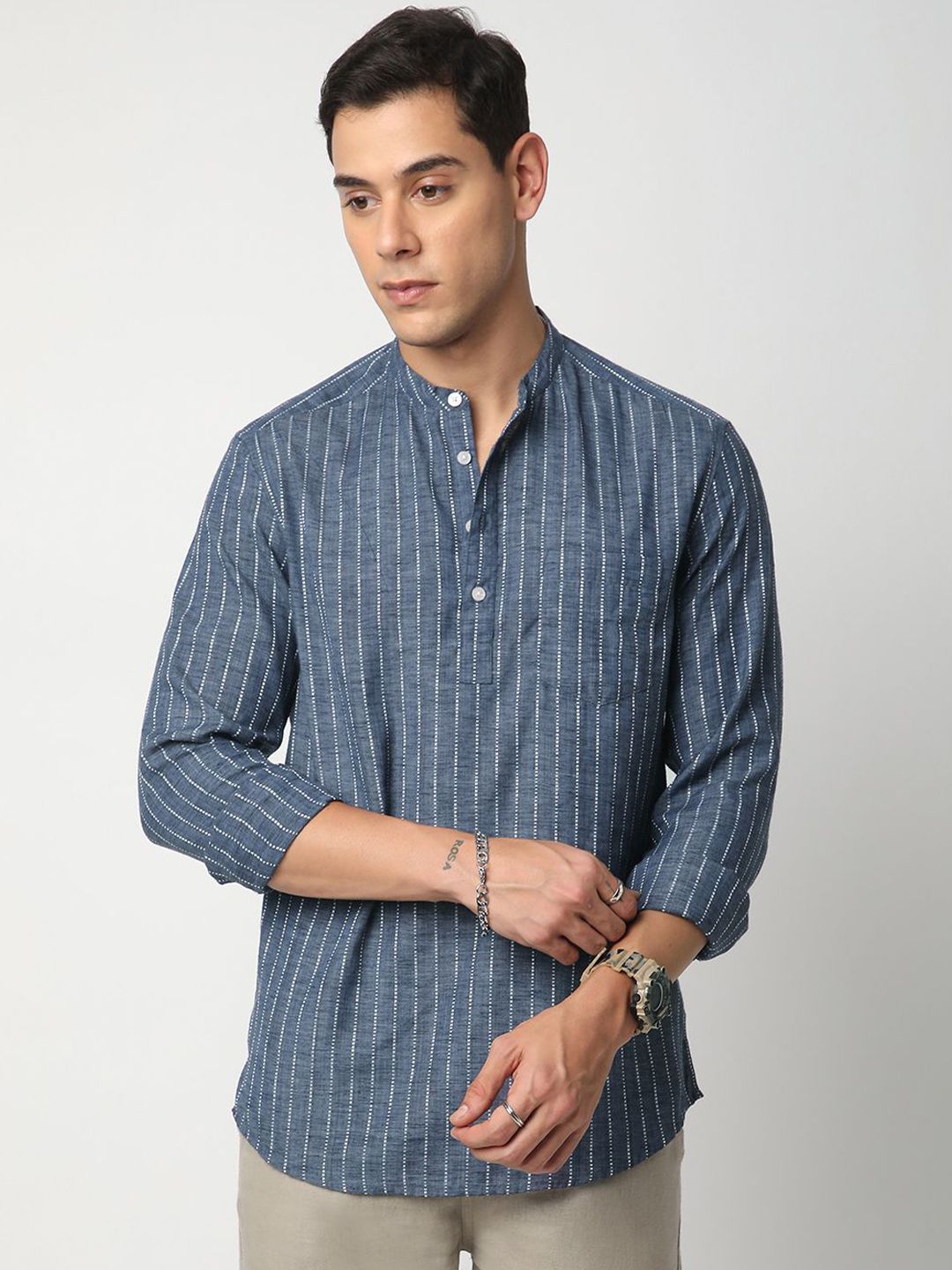 VASTRADO Pure Cotton Striped Mandarin Collar Dobby A-Line Short Kurta