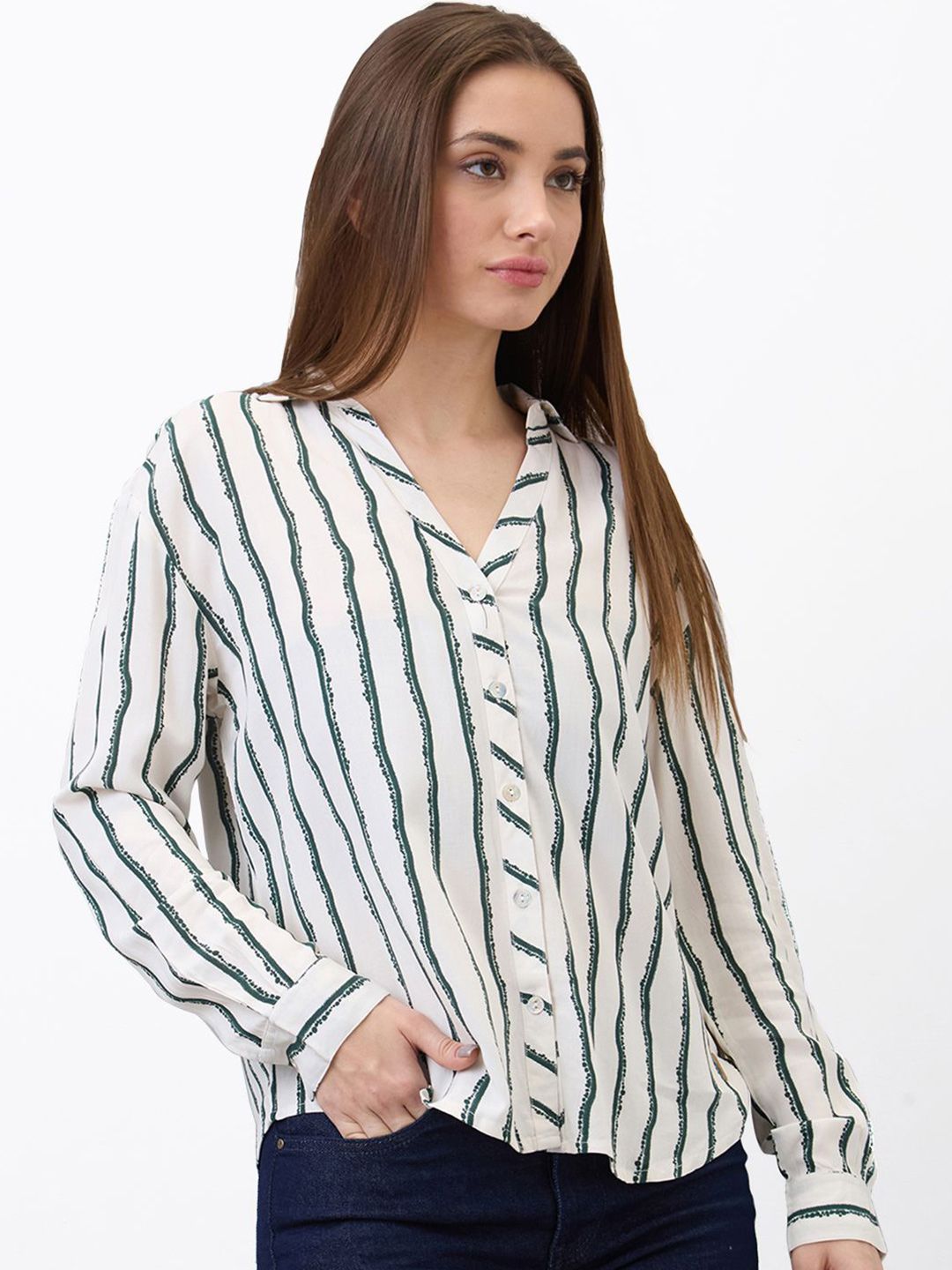 SPYKAR Women Spread Collar Vertical Striped Casual Shirt