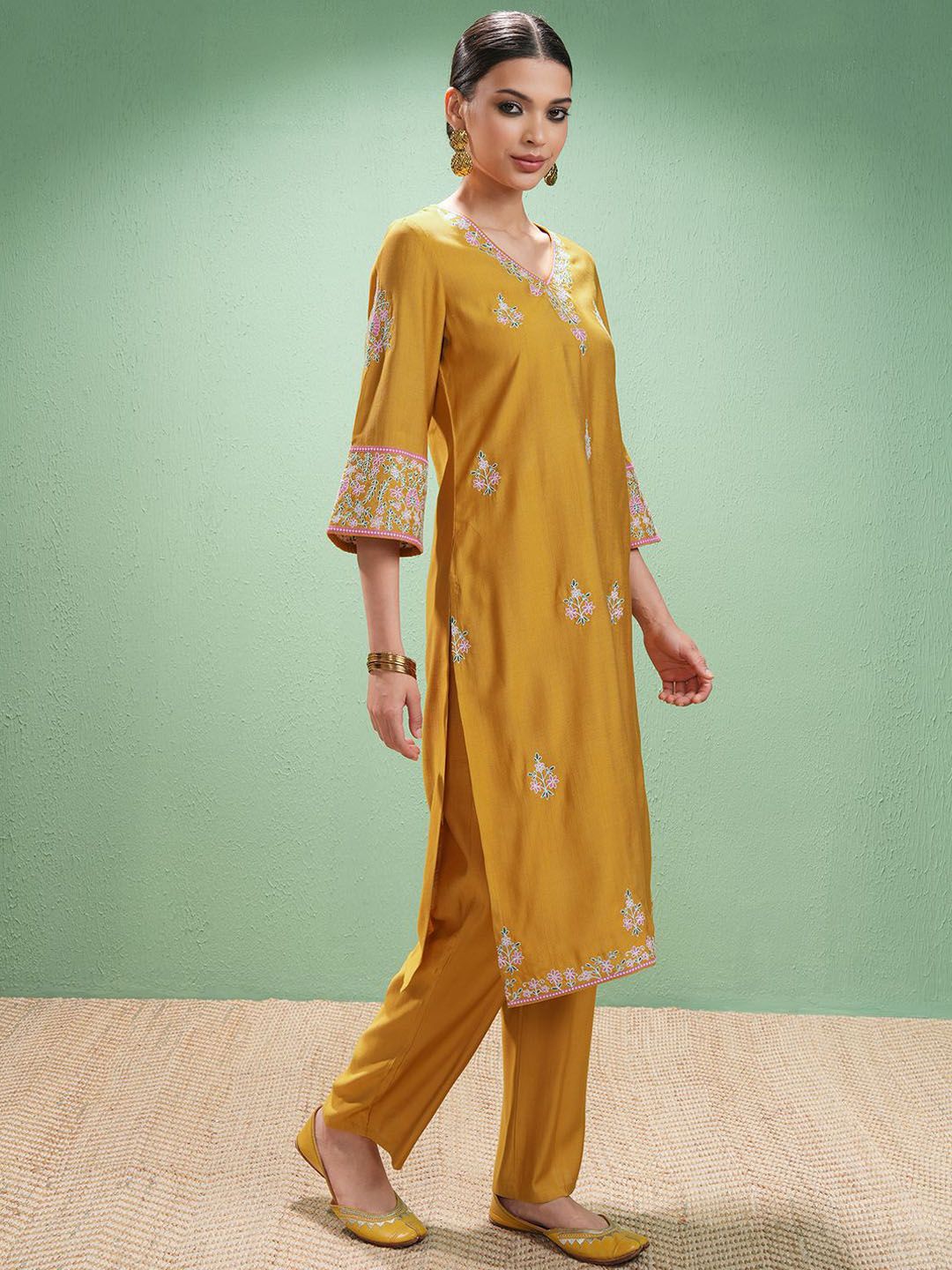 Vishudh Women Ethnic Motifs Embroidered Regular Thread Work Kurta with Trousers & With Dupatta