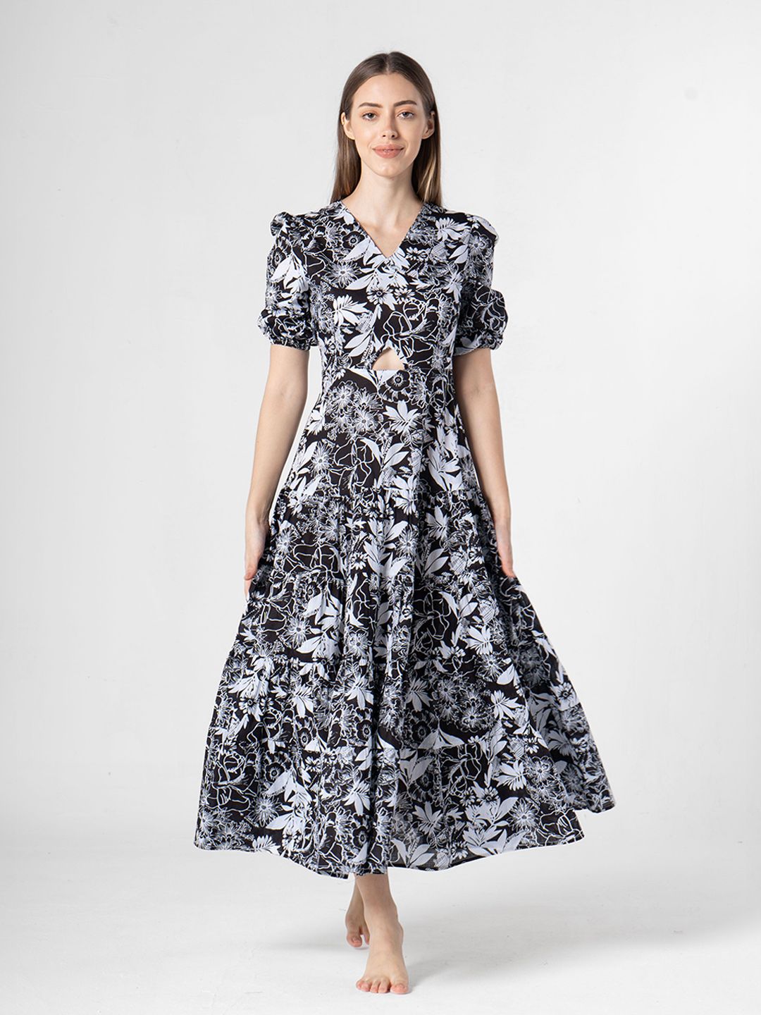 SANSKRUTIHOMES Women Fit & Flare Puff Sleeves Midi Dress