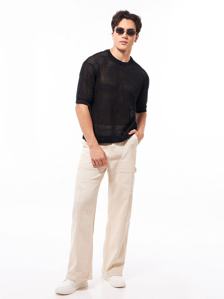 Bewakoof Men's Black Pure Cotton & Oversized Flatknit T-shirt