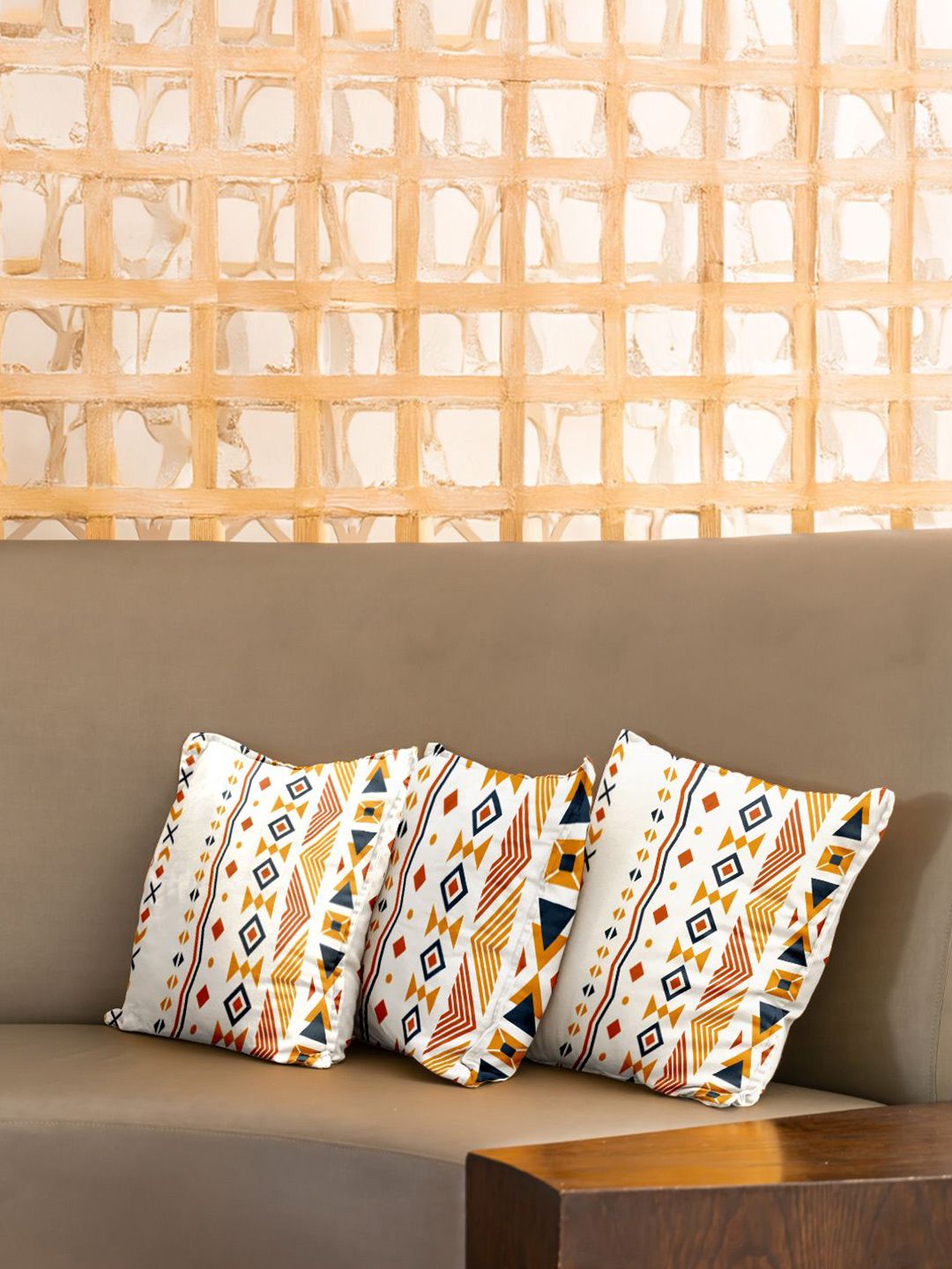 URBAN SPACE Orange & White 3 Pieces Geometric Printed Cotton Square Cushion Covers