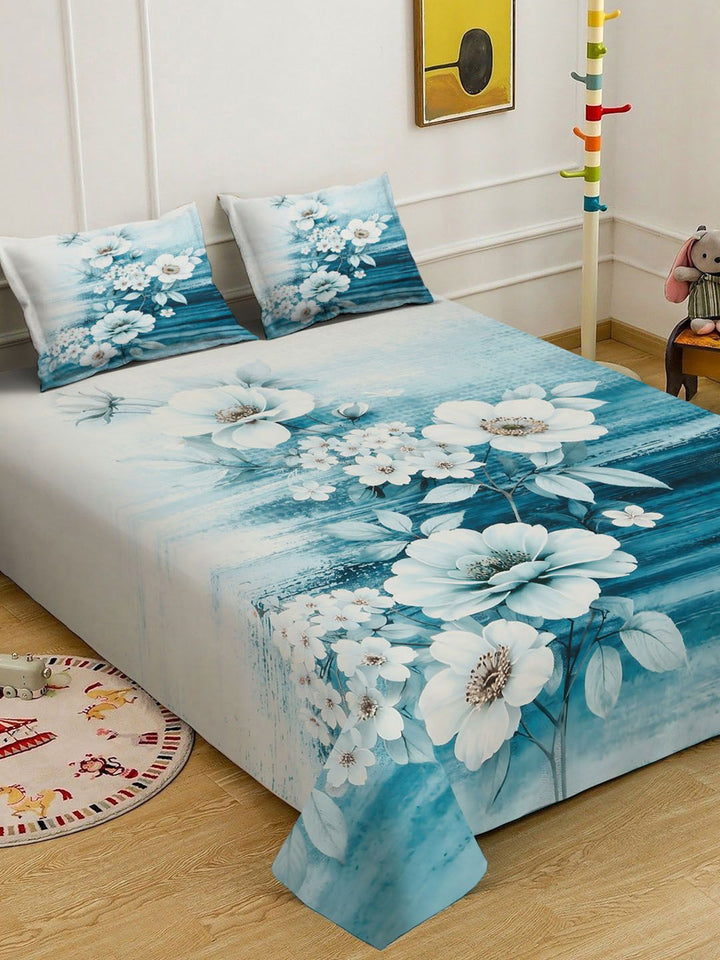 KLOTTHE Blue Floral Printed Flat 300 TC King Bedsheet With 2 Pillow Cover