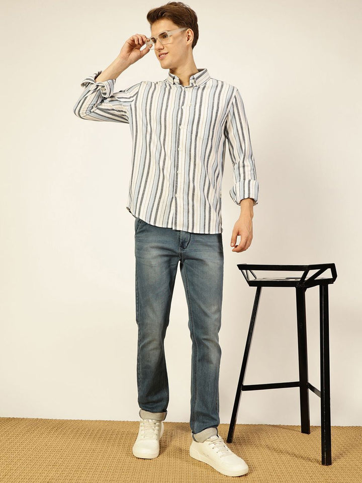 Thomas Scott Men Premium Button-Down Collar Vertical Striped Cotton Slim Fit Casual Shirt