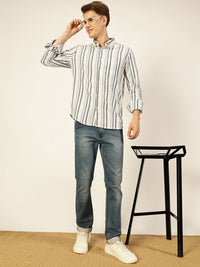 Thomas Scott Men Premium Button-Down Collar Vertical Striped Cotton Slim Fit Casual Shirt