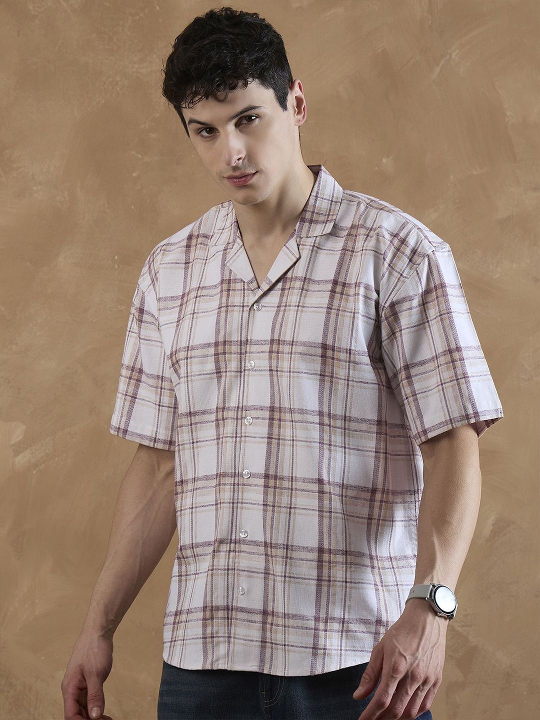 DENNISON Men Beige and Maroon Tartan Checks Shirt