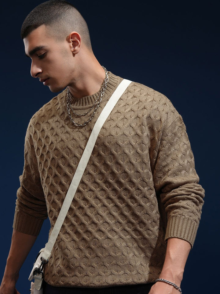 HIGHLANDER Men Self Design Round Neck Drop Shoulder Oversized Sweater