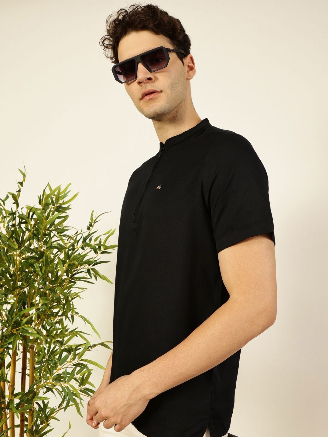 Thomas Scott Men Solid Mandarin Collar Cotton T-Shirt