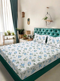 Myntra Elegant Homes White & Green Floral 300 TC King Double Bedsheet with 2 Pillow Covers