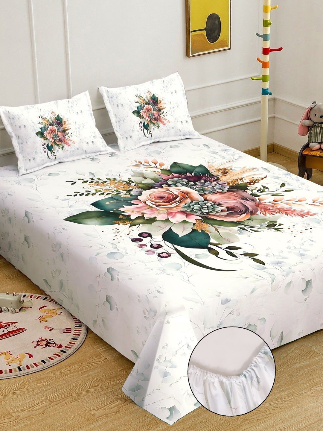 KLOTTHE White Floral Printed Fitted 400 TC Double King 7D Bedsheet With 2 Pillow Cover