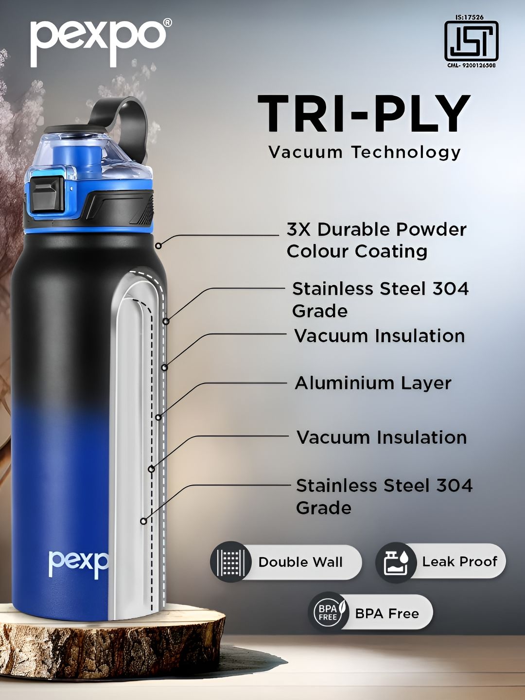 Pexpo Black & Blue Colourblocked Stainless Steel Double Wall Vacuum Water Bottle-740 ml