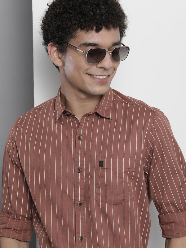 The Indian Garage Co Men Brown & White Striped Cotton Casual Shirt