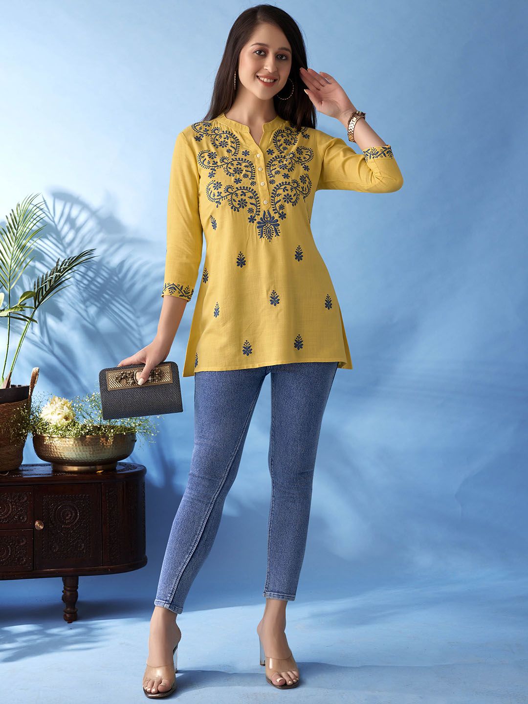 Anouk Floral Embroidered Mandarin Collar Straight Short Kurti