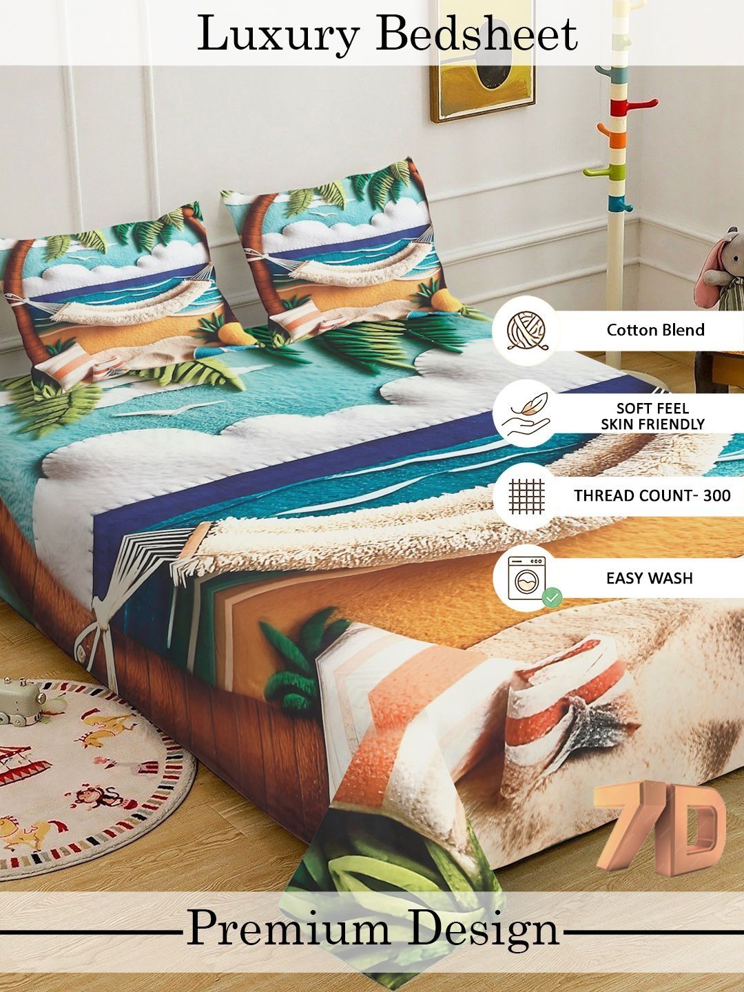 Myntra Elegant Blue Abstract 400 TC King 7D Bedsheet & 2 Pillow Cover 250X225 cm