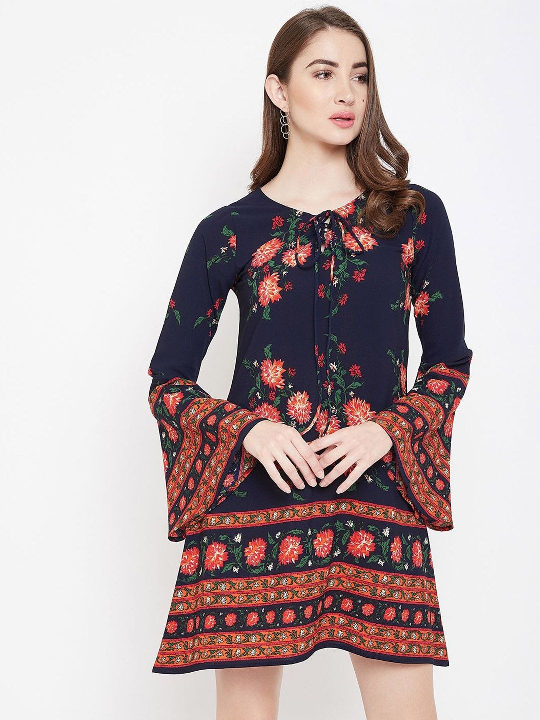 Berrylush Floral Print Tie-Up Neck Bell Sleeve A-Line Dress