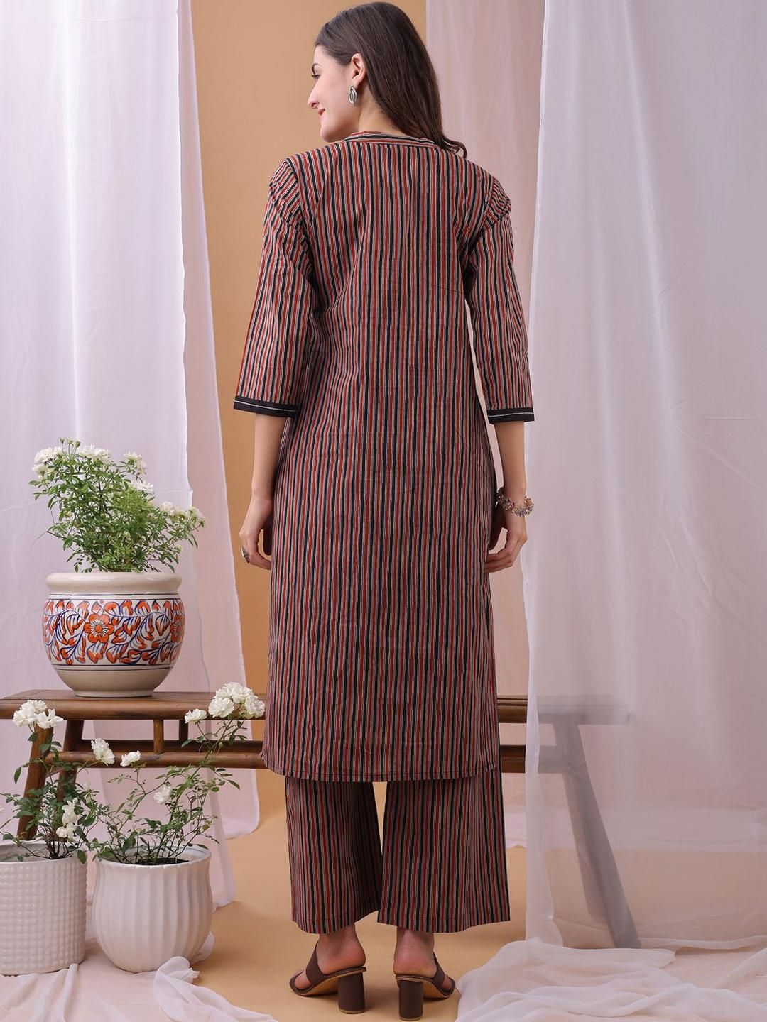 KALINI Women Printed Striped Pure Cotton Kurta with Palazzo