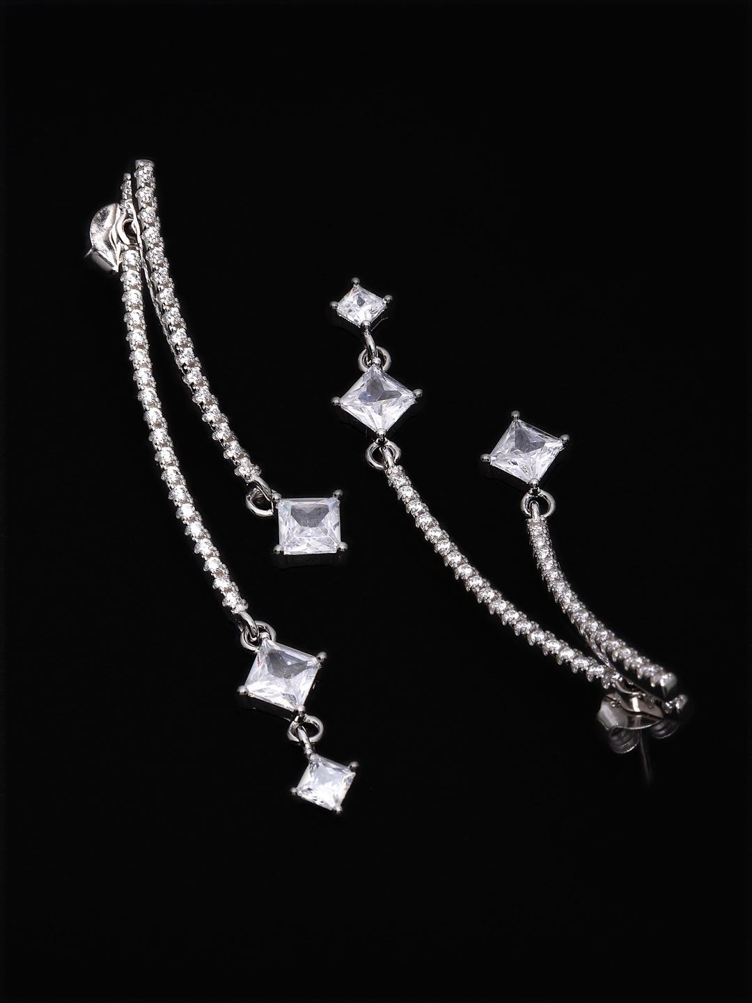 PANASH 925 Sterling Silver Rhodium-Plated CZ-Studded Drop Earrings
