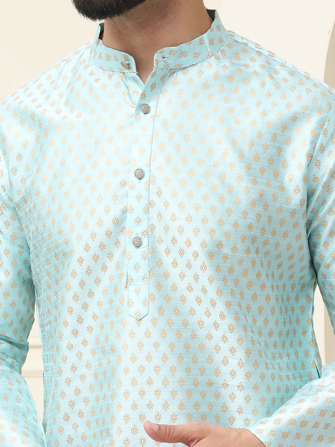 SOJANYA Ethnic Motifs Printed Mandarin Collar Silk Cotton Straight Kurta with Pyjamas