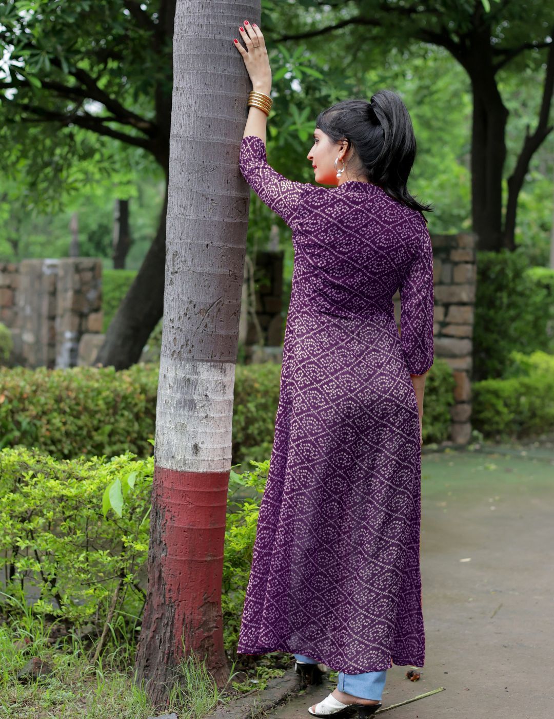 KALINI Bandhani Printed Mandarin Collar Sequins Front Slit Georgette A-Line Kurta