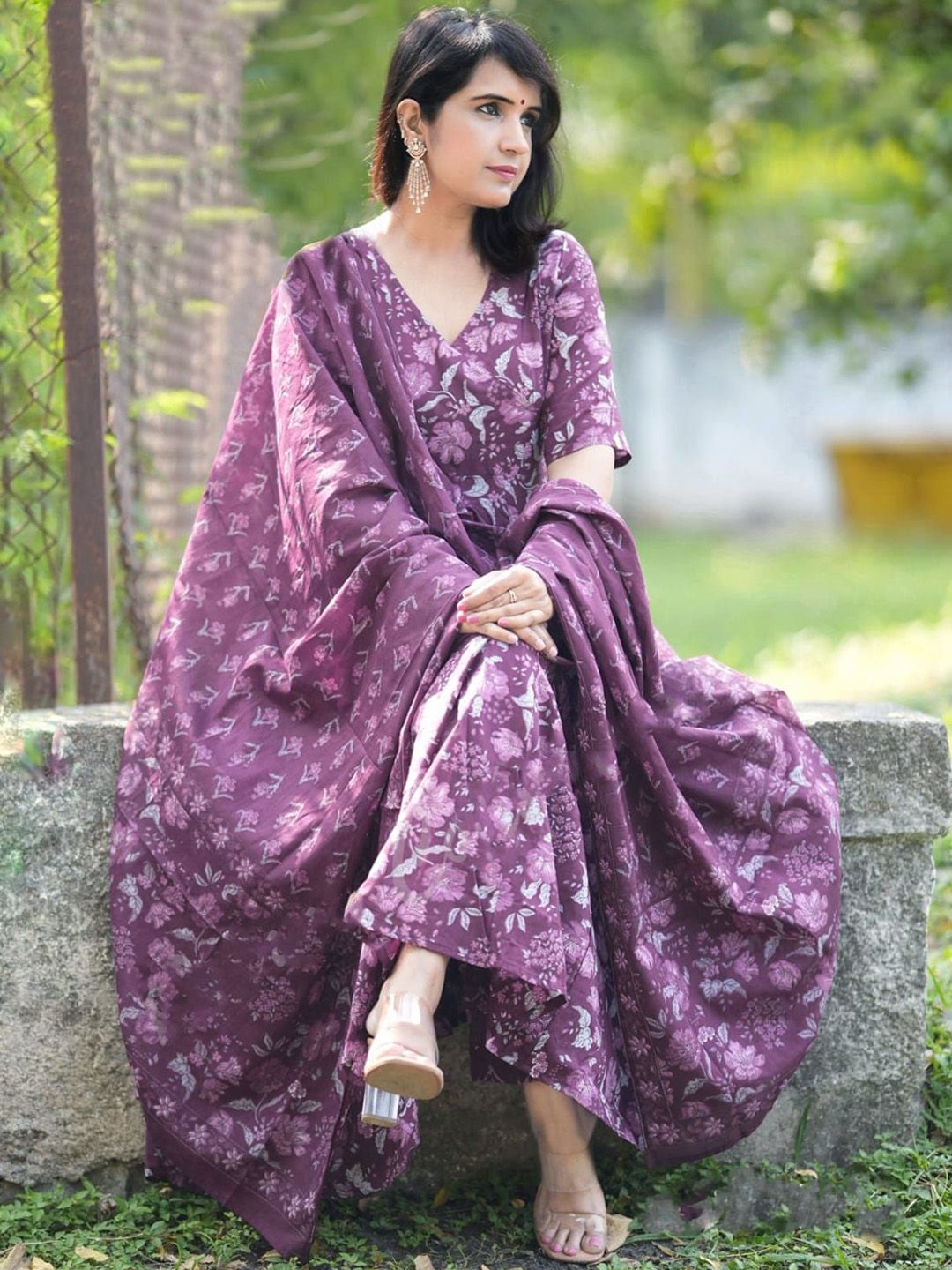 KALINI Floral Printed V-Neck Anarkali Kurta With Trousers And Dupatta