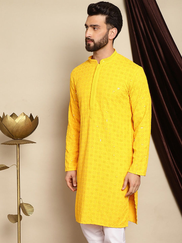Anouk Yellow Embroidered Sequined Mandarin Collar Pure Cotton Kurta