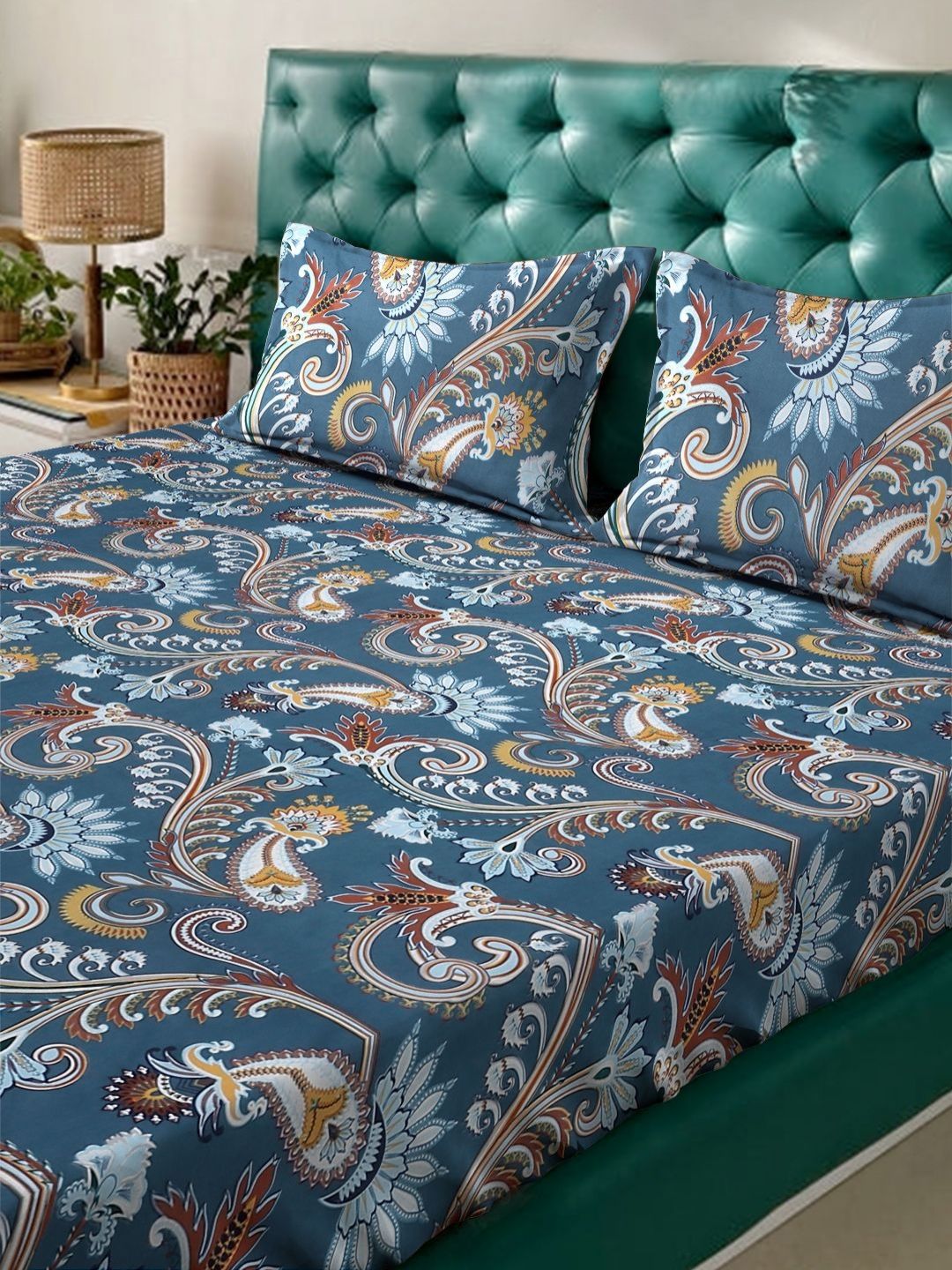 Myntra Elegant Homes Book Fold Blue Ethnic Motifs Polycotton 300 TC King Fine Bedsheet with 2 Pillow Covers-98 x 89 inches